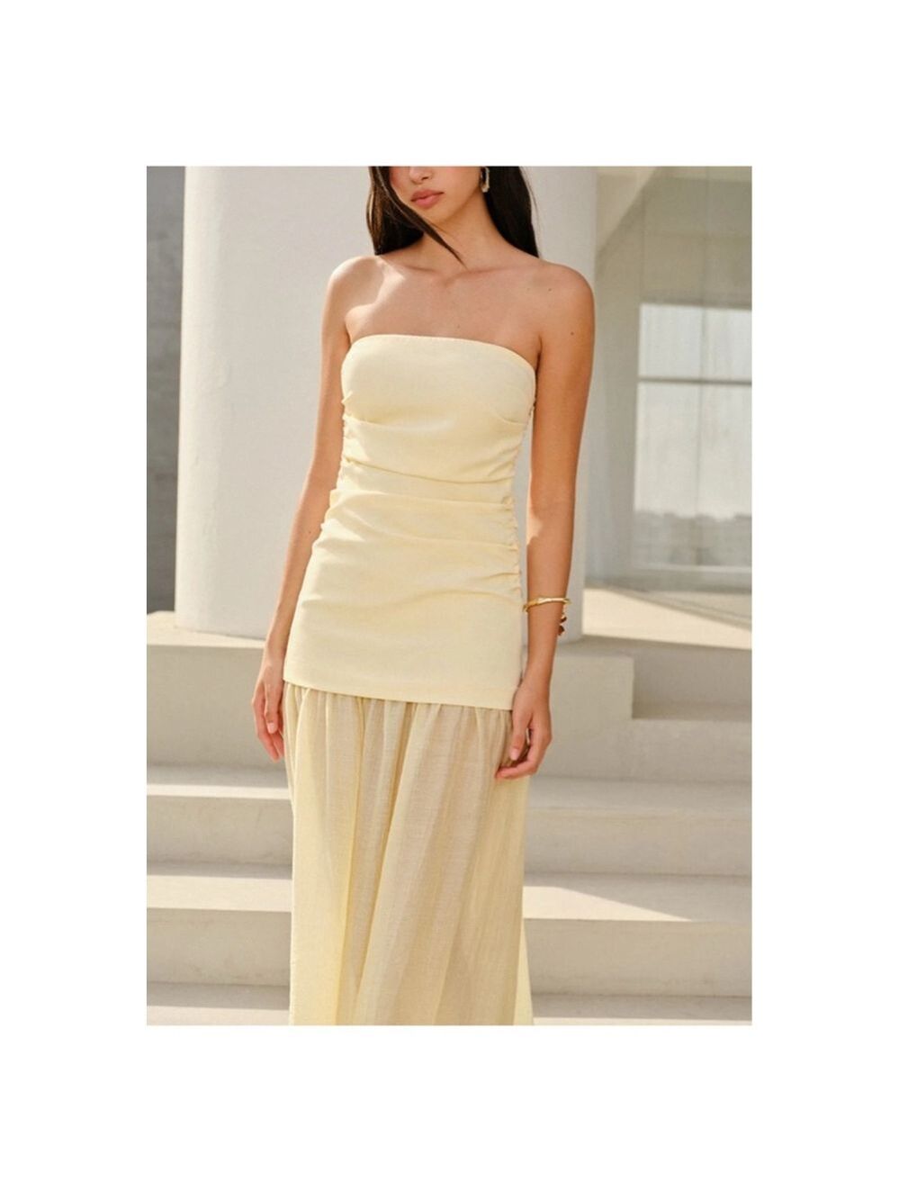NWT Commense Light Yellow Semi-Sheer Strapless Ruched Maxi Dress M - Picture 2 of 3